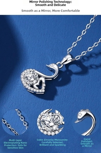 Close-up of S925 silver swan pendant with moissanite and mirror-polished finish