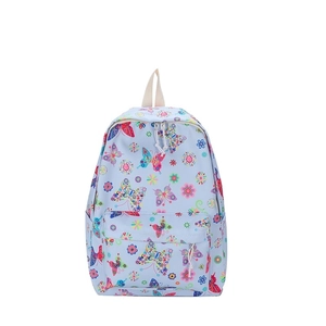 Zaino scuola azzurro con stampe di farfalle e fiori colorati, vista della tasca frontale