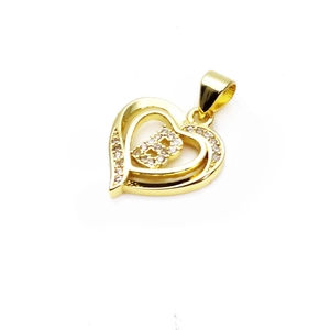 Close-up of golden hollow double heart pendant with sparkling cubic zirconia settings