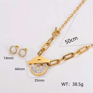 Gold stainless steel link necklace and sparkling crystal round earring jewelry set