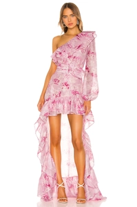 Detail of floral one-shoulder dress with ruffled asymmetrical hem and waist belt