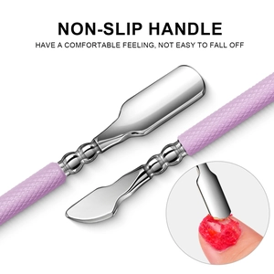Professional manicure steel pusher with purple anti-slip handle and double-ended tips