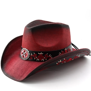 Western straw cowboy hat with black and red gradient finish and floral embroidered band