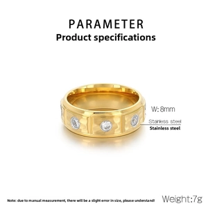 Detail view of 8mm gold stainless steel ring with hammered texture and inset diamonds