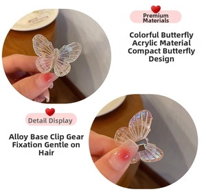 Detail showing iridescent acrylic butterfly hair clip with durable alloy bottom teeth