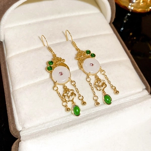 Copper Tassel Dangle Earrings With Faux Jade Rhinestone And Steel Earring Post New Chinese Style Vintage Ethnic Jewelry