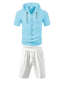 Detailed view of men's linen set featuring blue hooded shirt and white shorts with drawstrings