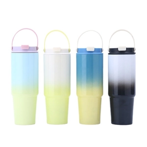 Set of 4 gradient 30oz stainless steel tumblers with handles and straws in various colors