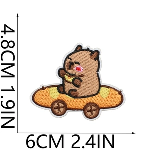 Detail view of cartoon bear embroidery patch with precise dimensions 4.8cm by 6cm