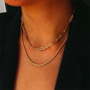 Detail of layered gold stainless steel necklace featuring paperclip and twisted rope chains