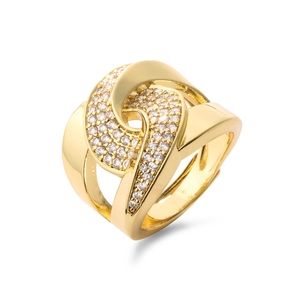 Macro shot of 18K gold plated ring with micro-paved cubic zirconia in a twisted design