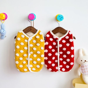 Plush pet vests in red and yellow with 3D white polka dots for dogs and cats