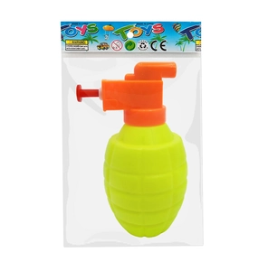 Yellow and orange grenade water toy in original plastic packaging with colorful header card