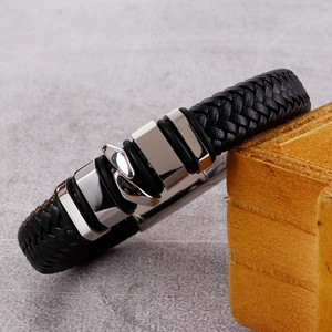 Bracelet en cuir tressé noir avec fermoir en acier inoxydable poli pour hommes et femmes