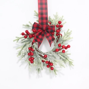 30cm Christmas wreath with pine needles, red berries, and red-black checkered bow
