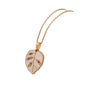 Golden stainless steel necklace featuring a leaf pendant with cream enamel and colorful rhinestones