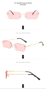 Three-angle detail of rimless rectangular sunglasses with gold frame and pink lenses