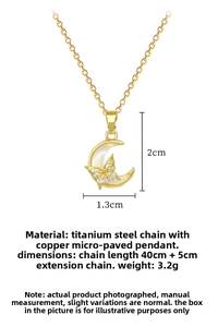 Detailed size map of gold crescent moon necklace with shell butterfly and dimensions
