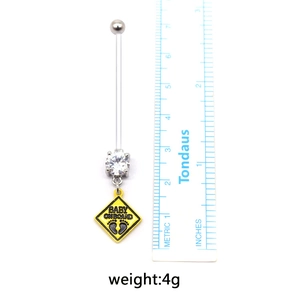 Flexible pregnancy belly button ring with Baby On Board charm and zirconia stone detail