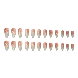 24pcs long almond press-on nails with pink gradient and white wave line designs