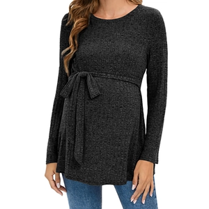 Slim fit dark gray long sleeve rib-knit maternity sweater with waist tie belt