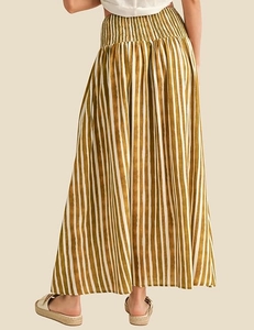 Rear view of striped maxi skirt featuring an elastic waistband and yellow-brown vertical pattern