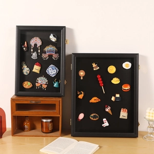 Magnetic Shadow Box Frame For Pin Collection MDF Display Case With Glass Window Side Opening Metal Lock Wall Mounted