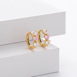 Elegant 925 sterling silver gold heart hoop earrings with pink and white cubic zirconia