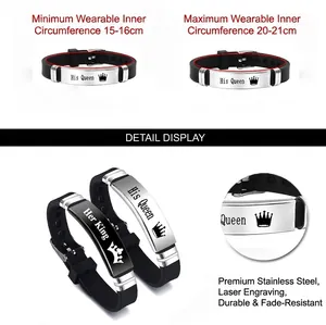 Her King and His Queen stainless steel silicone bracelets for couples in black and silver