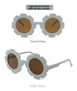 Detail of light green flower kids sunglasses with round brown lenses and side view