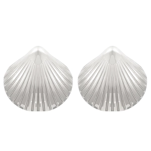 Detailed view of silver shell-shaped earrings with fine radial textures and polished finish