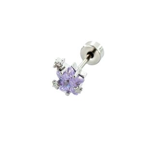 Minimalist silver star stud earring with purple hexagonal gem and screw back closure