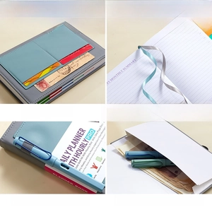Morandi blue daily planner featuring card slots, pen holder and dual bookmarks