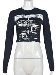 Fashionable long sleeve crop top with bold white belt print and slim fit design