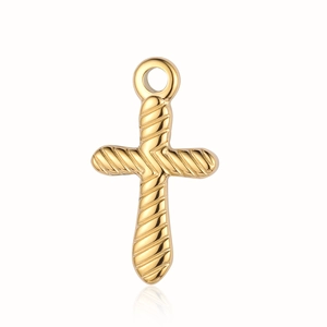 Detailed view of golden cross pendant with twisted rope texture on a white background