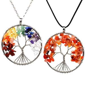 Tree Of Life Pendant Necklace Wire Wrapped Natural Crystal Crushed Stone 7 Chakra Healing Jewelry Women Men