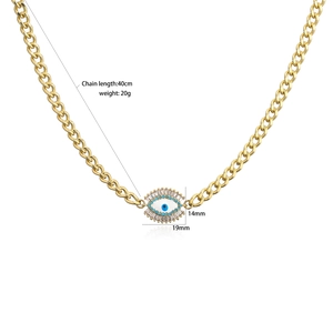 Gold Cuban chain necklace with zircon evil eye pendant, length 40cm and weight 20g