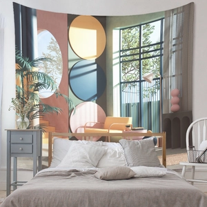 Detail of bohemian abstract tapestry with geometric architecture pattern for wall decor
