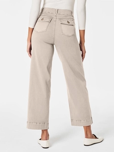 High-waisted khaki wide-leg cropped trousers with back button pockets and hem detail
