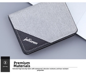 Detail of durable grey textile and black base men's wallet with waterproof texture