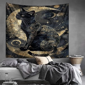 Detailed black cat sitting on golden moon tapestry hanging above a minimalist bedroom