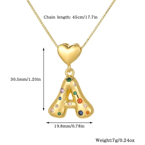 Size guide for gold letter A necklace pendant with colorful zircons and 45cm chain