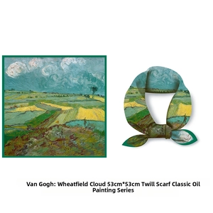 Détail du foulard en soie motif Van Gogh 53cm avec vue à plat et nouée sur fond blanc