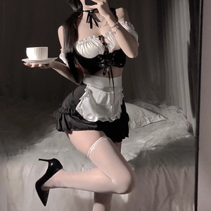 Sexy Schwarz-Weiß-Dienstmädchen-Cosplay-Outfit mit Spitzenhalsband und Rüschenschürze