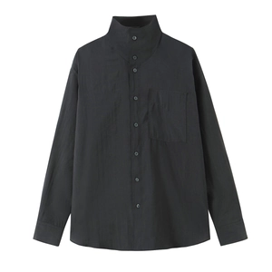 Women Casual Solid Color Poplin Shirt Long Sleeve Stand Collar Blouse With Pocket Button Down Polyester Fashion Tops
