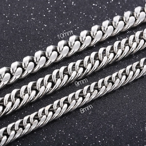 Macro view of 8mm, 9mm, and 10mm wide silver titanium steel Cuban link bracelets
