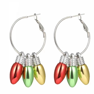 Christmas hoop earrings with festive red, green, and gold bulb pendants on white background