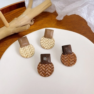 Handmade Wood Woven Straw Round Stud Earrings With Silver Earring Post Retro Boho Pastoral Style Ethnic Jewelry Women