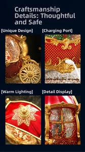 Detail of Christmas carriage music box featuring festive warm light and USB charging port