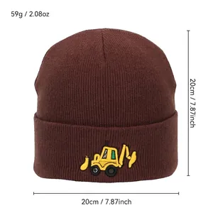 Brown knitted beanie for boys with yellow excavator embroidery, 20x20cm winter warm hat